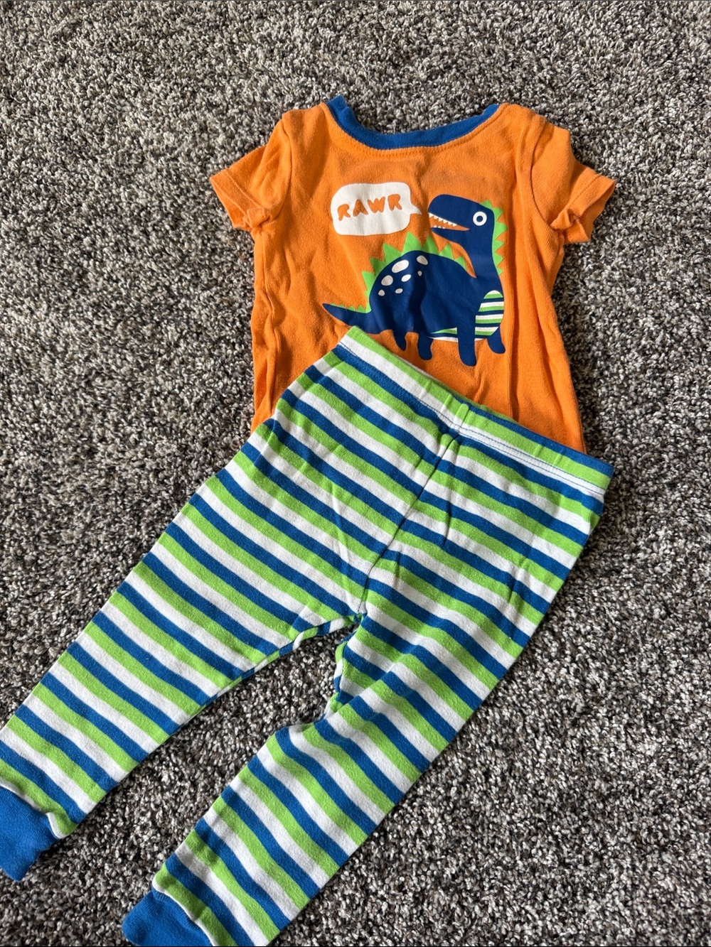 Orange Dinosaur Pajama Set with Blue & Green Stripes - Kids